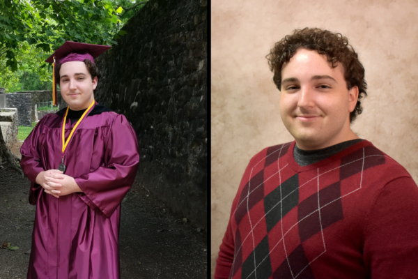 Side by side photos. Photo on left is of a young man in maroon graduation regalia. Photo on right is a professional portrait of a young man wearing an argyle sweater.