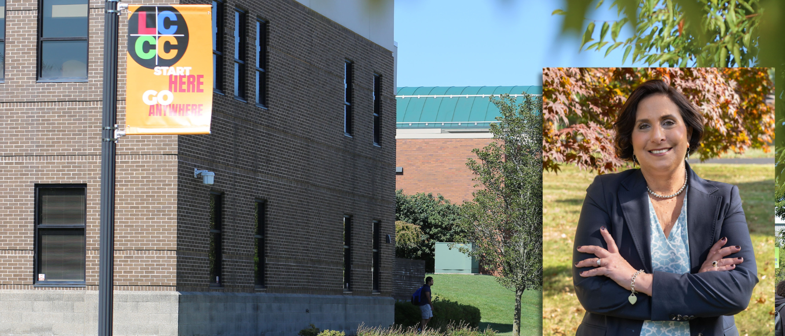 A photo of Shannon Semmel-Ciamacco is inset in an exterior photo of main campus.