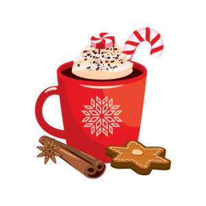 Image shows a clipart of a mug of hot cocoa with many toppings.